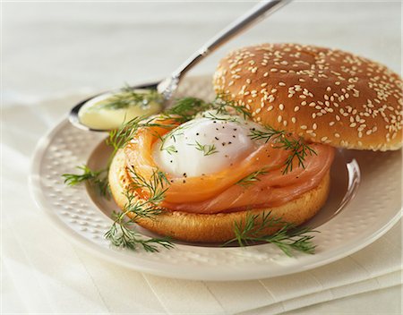 fish burger - Smoked salmon and soft-boiled egg bagel burger Stock Photo - Rights-Managed, Code: 825-05813531