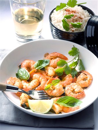 Pan-fried shrimps with white wine,basil and lime Stock Photo - Rights-Managed, Code: 825-05837182