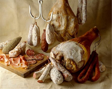 selection of saucisson sausages and hams Stock Photo - Rights-Managed, Code: 825-05985304