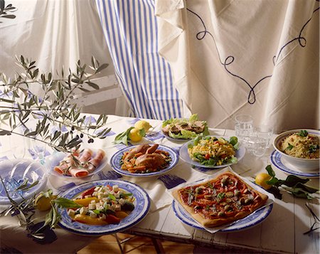 fusilli with vegetables - table set with selection of Mediterranean starters Stock Photo - Rights-Managed, Code: 825-05985308