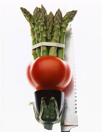 simsearch:825-07078211,k - assorted vegetables - asparagus, tomato, aubergine and knife blade Stock Photo - Rights-Managed, Code: 825-05985421