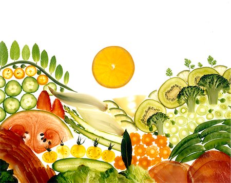 food and concept - Kiwi, broccoli, courgettes, bay leaves and orange Stock Photo - Rights-Managed, Code: 825-05985501