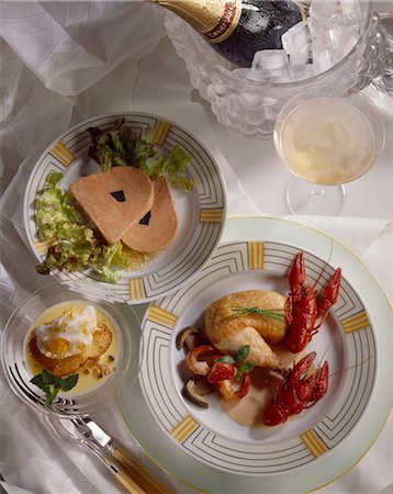 entremets - celebration menu with truffle-stuffed foie gras, hen with spiny lobster and floating island Stock Photo - Rights-Managed, Code: 825-05986081