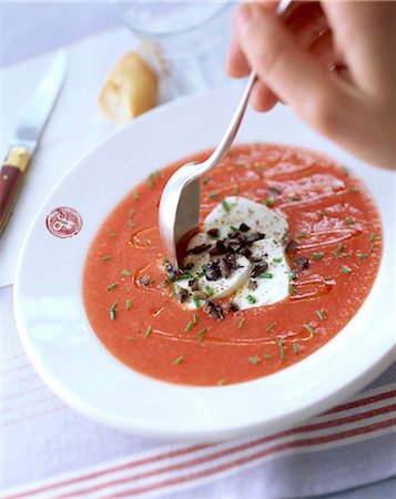 eating olive - gaspacho with fresh goat's cheese Stock Photo - Rights-Managed, Code: 825-05986495