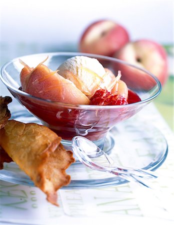 poached pears and vanilla ice cream with raspberry coulis Stock Photo - Rights-Managed, Code: 825-05986742