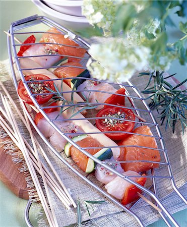 Fish skewers ready to be cooked on the barbecue Stock Photo - Rights-Managed, Code: 825-05987441