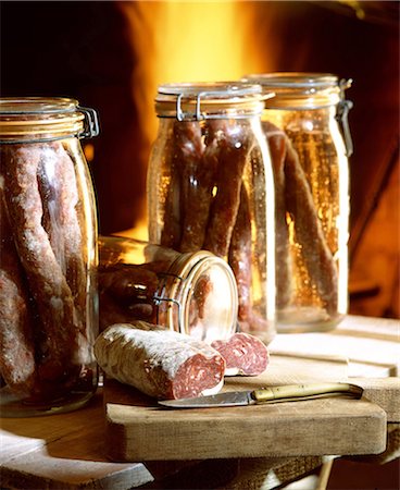 simsearch:825-06817272,k - Saucissons in jars and on chopping board Stock Photo - Rights-Managed, Code: 825-05988469