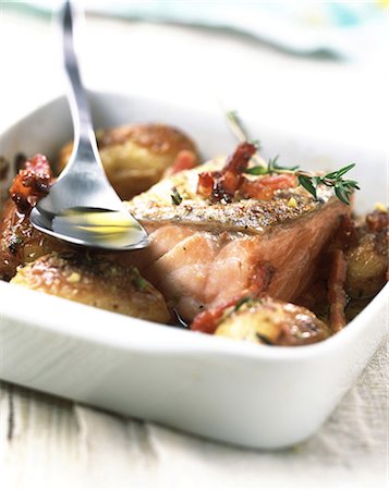 fish with olive oil - Salmon steak with potatoes and bacon Stock Photo - Rights-Managed, Code: 825-05988897