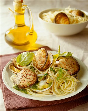 simsearch:825-06816265,k - Spaghetti Vongole mit Basilikum Stockbilder - Lizenzpflichtiges, Bildnummer: 825-05989375