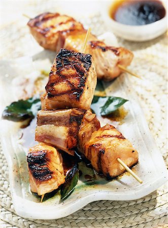 larded salmon kebabs with caramel sauce Stock Photo - Rights-Managed, Code: 825-05990896