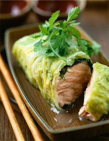 salmon roll - Steam-cooked salmon wrapped in chinese cabbage Stock Photo - Rights-Managed, Code: 825-06046687