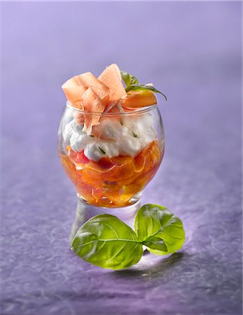 simsearch:825-05814685,k - Cream cheese mousse,basil,thinly sliced raw ham and stewed tomato Verrine Stock Photo - Rights-Managed, Code: 825-06048473