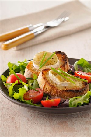 simsearch:825-03627225,k - Goat's cheese on toast with salad Stock Photo - Rights-Managed, Code: 825-06048849