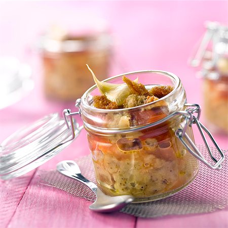 pot food - Eggplant caviar with tomato puree,garlic cracknel biscuits Stock Photo - Rights-Managed, Code: 825-06315307