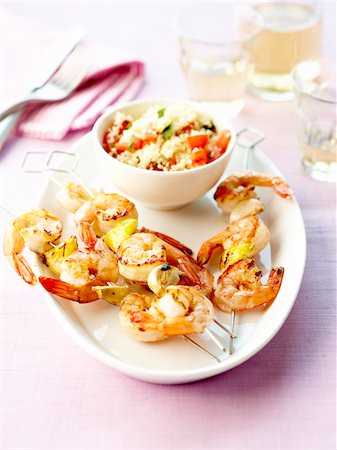 simsearch:825-03627318,k - Shrimp brochettes with garlic and lemon,tabbouleh Stock Photo - Rights-Managed, Code: 825-06315647