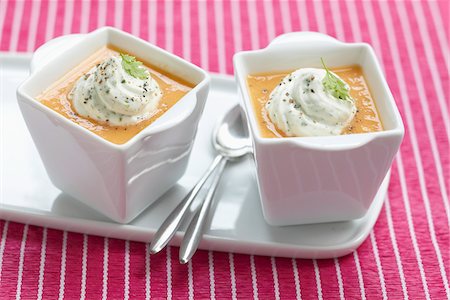 Hot tomato soup and whipped cream with herbs Stock Photo - Rights-Managed, Code: 825-06316447