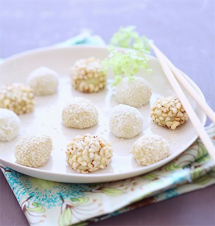 sesame - Different flavoured white truffles :sesame,coconut,Matcha tea and coconut Stock Photo - Rights-Managed, Code: 825-06317037