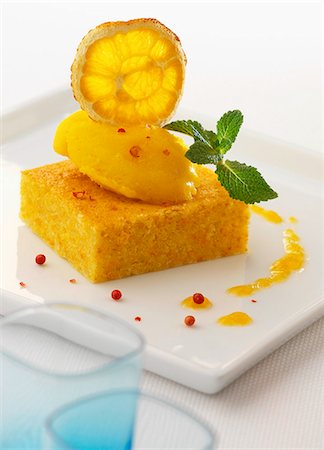 simsearch:652-05807505,k - Piece of carrot cake with tangerine sorbet Stock Photo - Rights-Managed, Code: 825-06815054