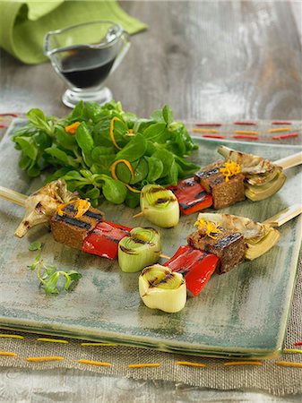 Seitan,artichoke and red pepper brochettes with orange-honey sauce Stock Photo - Rights-Managed, Code: 825-06815962