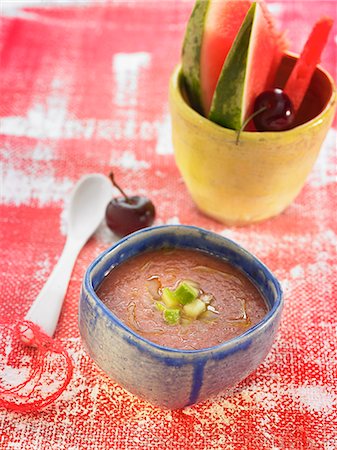 simsearch:652-03802383,k - Watermelon,cucumber,cherry and avocado cold soup with lemon juice Stock Photo - Rights-Managed, Code: 825-06815977