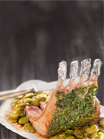 square shape - Loin of milk-fed lamb in herb crust with fava beans Stock Photo - Rights-Managed, Code: 825-06816055