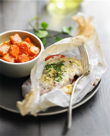 fish fillet - Perch fillet cooked in wax paper,creamy sweet potatoes Stock Photo - Rights-Managed, Code: 825-06816740