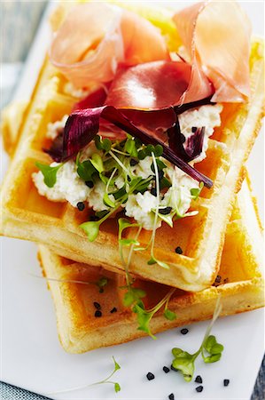 simsearch:652-06819349,k - Waffles with cream cheese and raw ham Stock Photo - Rights-Managed, Code: 825-06817219