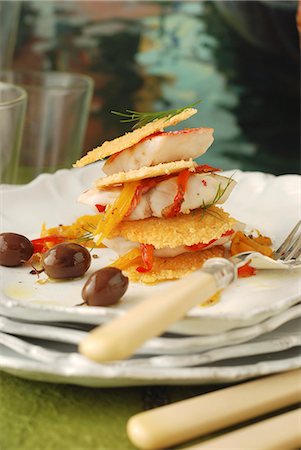 simsearch:825-06817528,k - Red mullet fillets with parmesan and stewed red pepper Mille-feuille Stock Photo - Rights-Managed, Code: 825-07076848