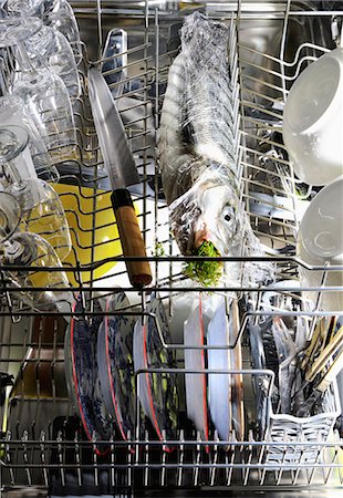 dishwasher - Dishes and fish wrapped in clingfilm to be cooked in a dish washer Stock Photo - Rights-Managed, Code: 825-07077264