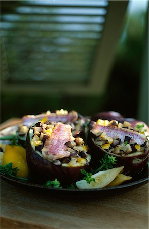 simsearch:825-06817528,k - Eggplants stuffed with red mullet fillets and vegetables Photographie de stock - Rights-Managed, Code: 825-07077499