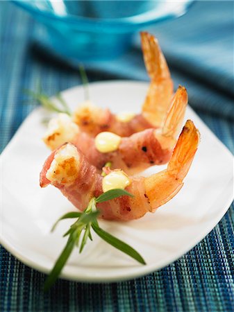 Fried shrimps wrapped in bacon with  aïoli sauce Stock Photo - Rights-Managed, Code: 825-07077662