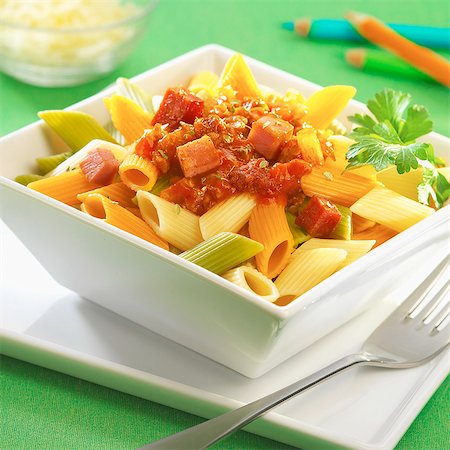 simsearch:825-06316411,k - Three-colored macaronis with tomato sauce and diced bacon Stock Photo - Rights-Managed, Code: 825-07078287