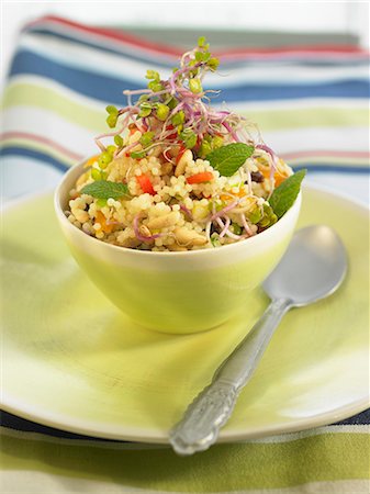 simsearch:825-07522327,k - Pearl pasta salad with sprouts,red peppers,raisins and pine nuts Foto de stock - Con derechos protegidos, Código: 825-07522283