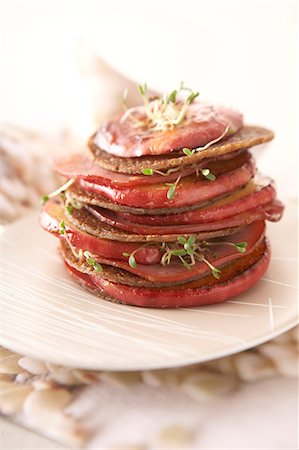 Layered buckwheat pancakes,apple and bacon Stock Photo - Rights-Managed, Code: 825-07649380