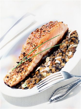 steak fork - salmon in spicy crust Stock Photo - Rights-Managed, Code: 825-02306259