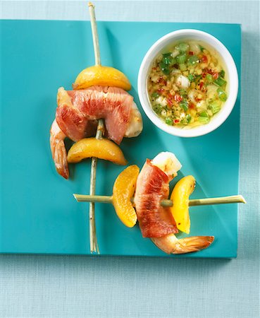 gamba prawn and apricot kebabs with spicy lime sauce Stock Photo - Rights-Managed, Code: 825-02306363