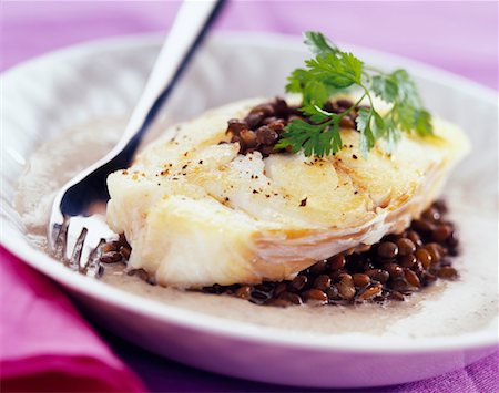 roasted fish - roast cod with creamed mustard- flavored lentils Stock Photo - Rights-Managed, Code: 825-02303718