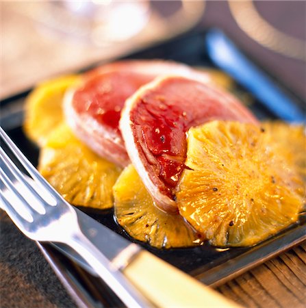 exotic meat - Slices of roast ostrich with pineapple Stock Photo - Rights-Managed, Code: 825-03627003