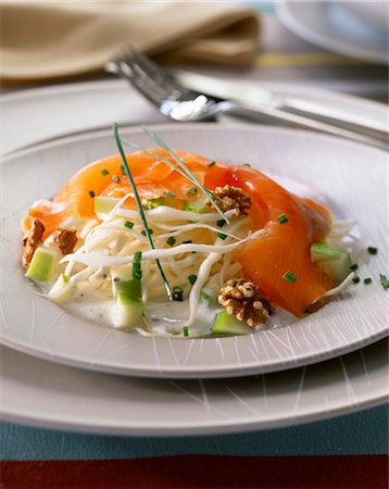 smoked salmon - Sour cabbage salad with smoked salmon Stock Photo - Rights-Managed, Code: 825-03628305