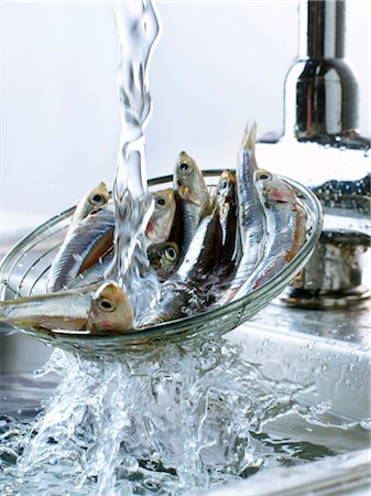 Rinsing anchovies in the sink Foto de stock - Con derechos protegidos, Código: 825-03628831