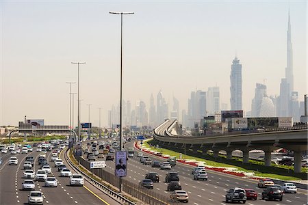 Looking along Sheikh Zayed road towards the business district and Burj Khalifa; Dubai, United Arab Emirates Stock Photo - Rights-Managed, Code: 832-08007796