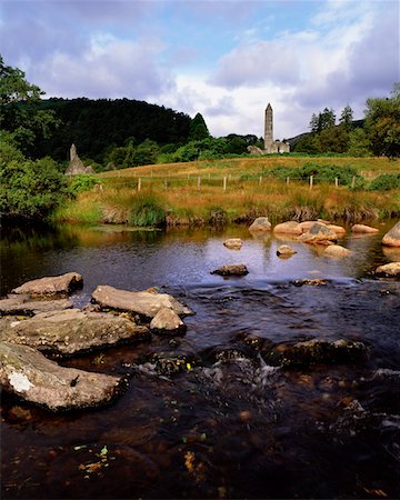 river scenes in ireland - Chapel of Saint Kevin at Glendalough and round tower, Glendalough, Co. Wicklow, Ireland Stock Photo - Rights-Managed, Code: 832-02252739