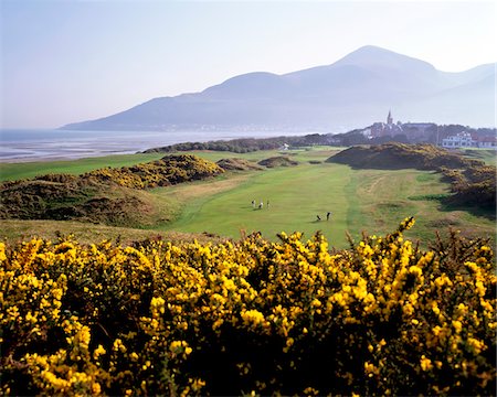High angle view of a golf course, Royal County Down Golf Club, Newcastle, County Down, Northern Ireland Foto de stock - Direito Controlado, Número: 832-03232134