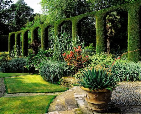 formschnitt - Abgeschnittene Cypress-Bögen in den spanischen Garten, Mount Stewart, Ards Peninsula, Co Down, Irland Stockbilder - Lizenzpflichtiges, Bildnummer: 832-03232184