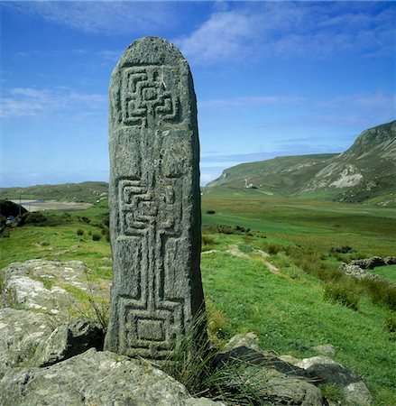 standing stones of ireland - Carved standing stones on a landscape, Glencolumbkille, County Donegal, Republic Of Ireland Stock Photo - Rights-Managed, Code: 832-03358569