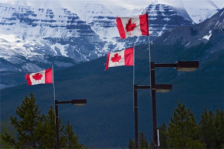 snow capped mountain canada - Canadian flags flying in the wind. Stock Photo - Rights-Managed, Code: 832-03724145