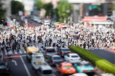 The famous six way pedestrian crossing photographed with a tilt lens in Shibuya, Tokyo, Japan Stock Photo - Rights-Managed, Code: 845-05838044