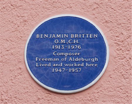 Blue plaque showing location of composer Benjamin Britten's place of residence and work, Aldeburgh, Suffolk, England. Engineers: Engineers: Taken from a public place Stock Photo - Rights-Managed, Code: 845-05838214