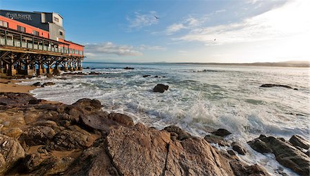 simsearch:845-04826459,k - View of rocky beach with sea spray washing over rocks, with seagulls in sky and wooden pier in the background, Monterey, Califonia. Stock Photo - Rights-Managed, Code: 845-05838335