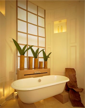 Freestanding bathtub beneath plants in vases in bathroom Stock Photo - Rights-Managed, Code: 845-05838969